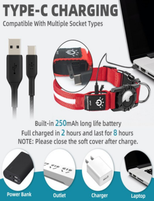 LED Dog Collar with AirTag Holder – USB Type-C Rechargeable Waterproof Smart Pet Collar